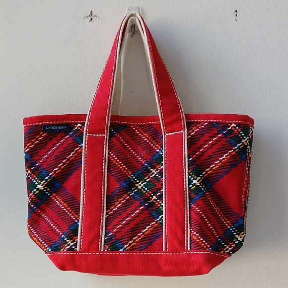 Lands' End Red Plaid Canvas Mini Tote Bag - Picture 1 of 7